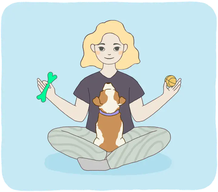Girl meditating with a puppy during puppy blues