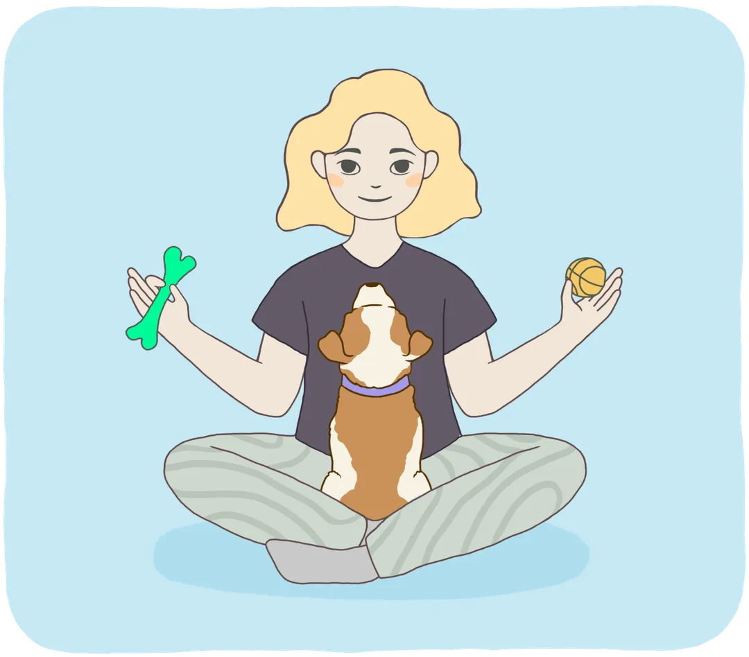 Girl meditating with a puppy during puppy blues