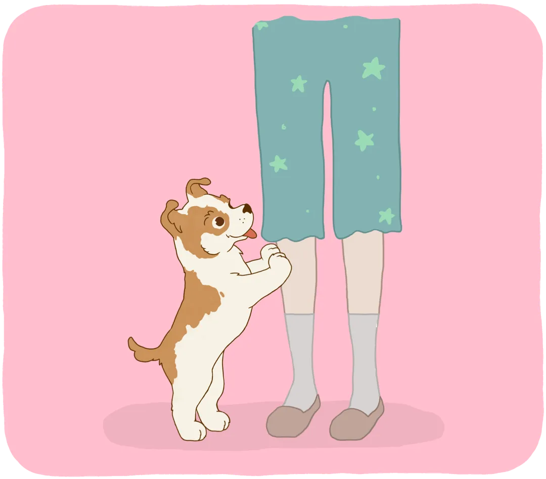 Illustration of a dog jumping up on a person.