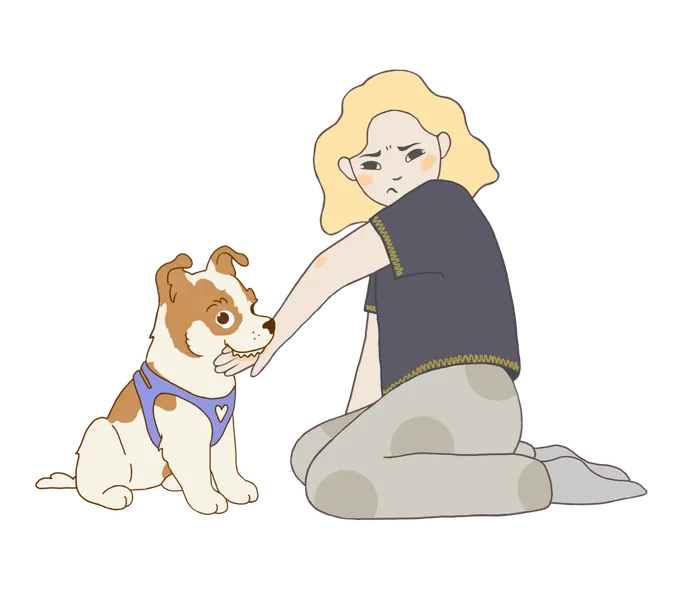 Illustration of a woman training her puppy to stop biting her hand.