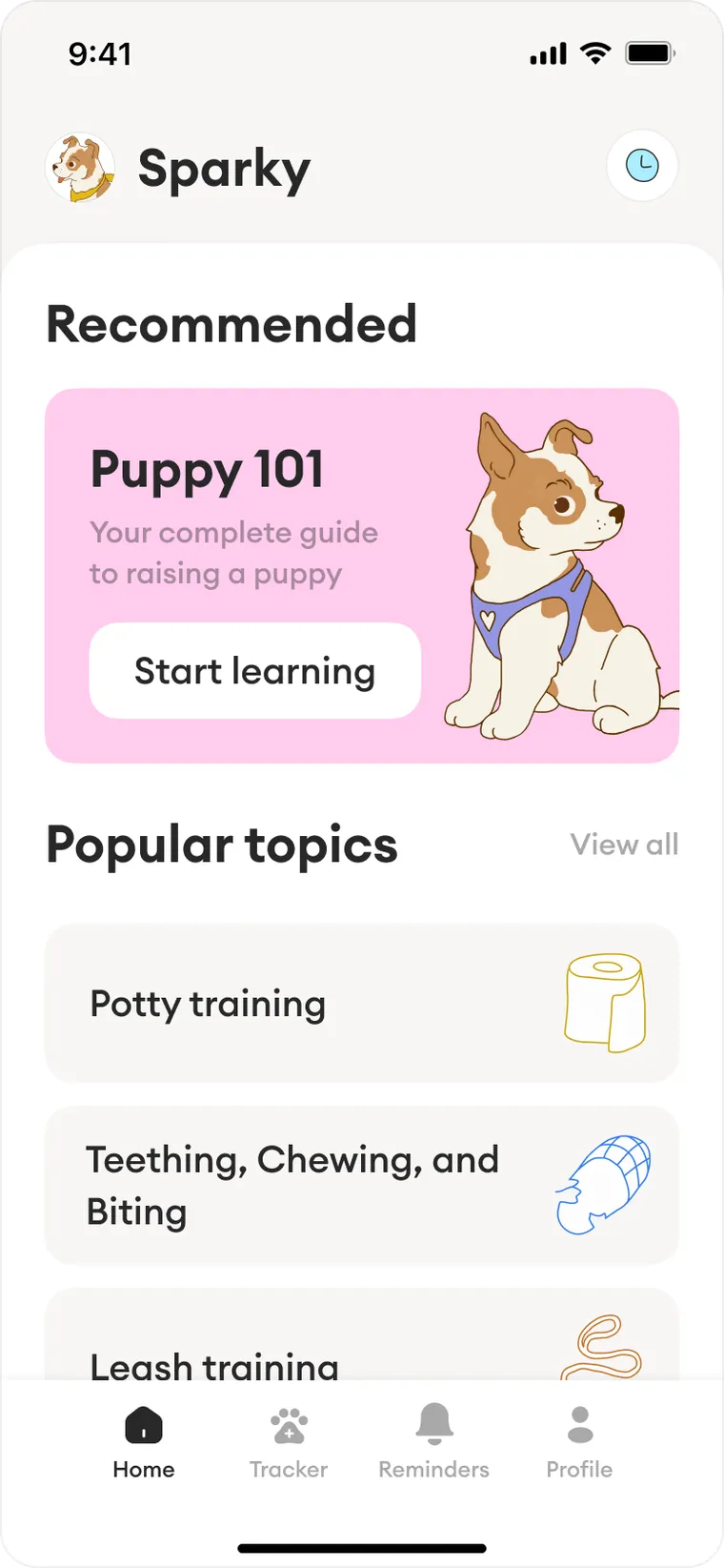 Screenshot of the Barksy app home screen showing recommended content titled 'Puppy 101' and popular topics like potty training, teething, and leash training.