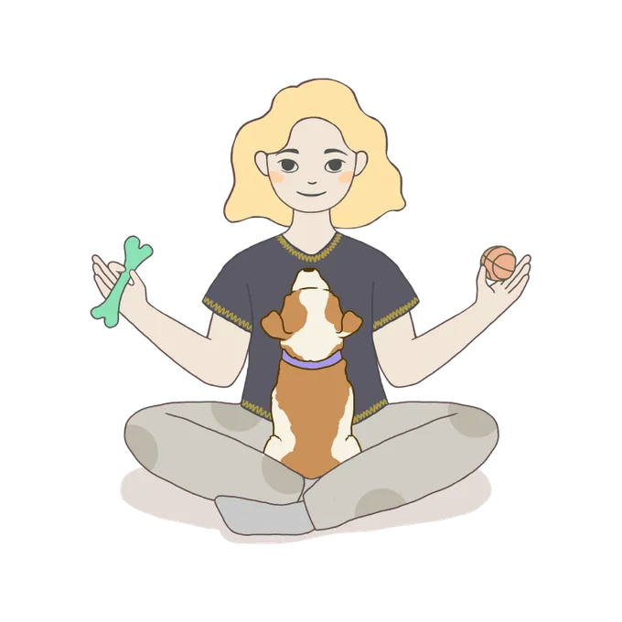 Illustration of a girl meditating with her puppy, holding a bone and a ball.