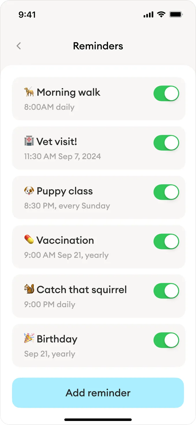 Screenshot of the Barksy app's Reminders screen, showing customizable reminders for potty breaks, walks, vet visits, and other puppy care tasks.