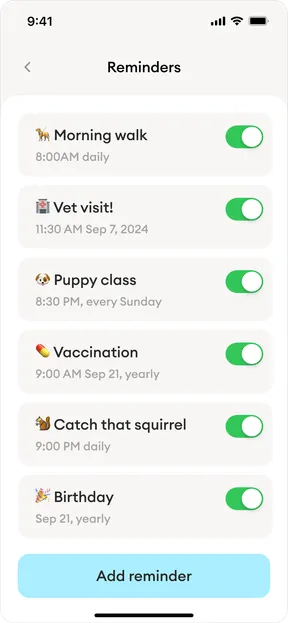 The Barksy reminders screen, with repeating reminders set