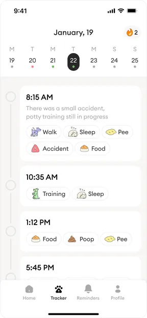 The Barksy tracker screen, listing a day's logged events