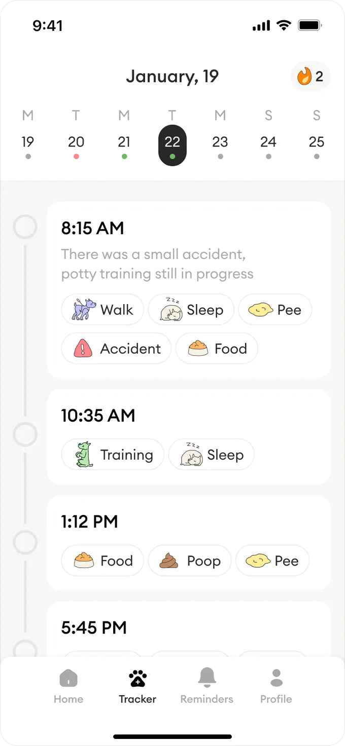 Screenshot of the Barksy app's Tracker screen, displaying a puppy's daily schedule with potty, feeding, and activity events.