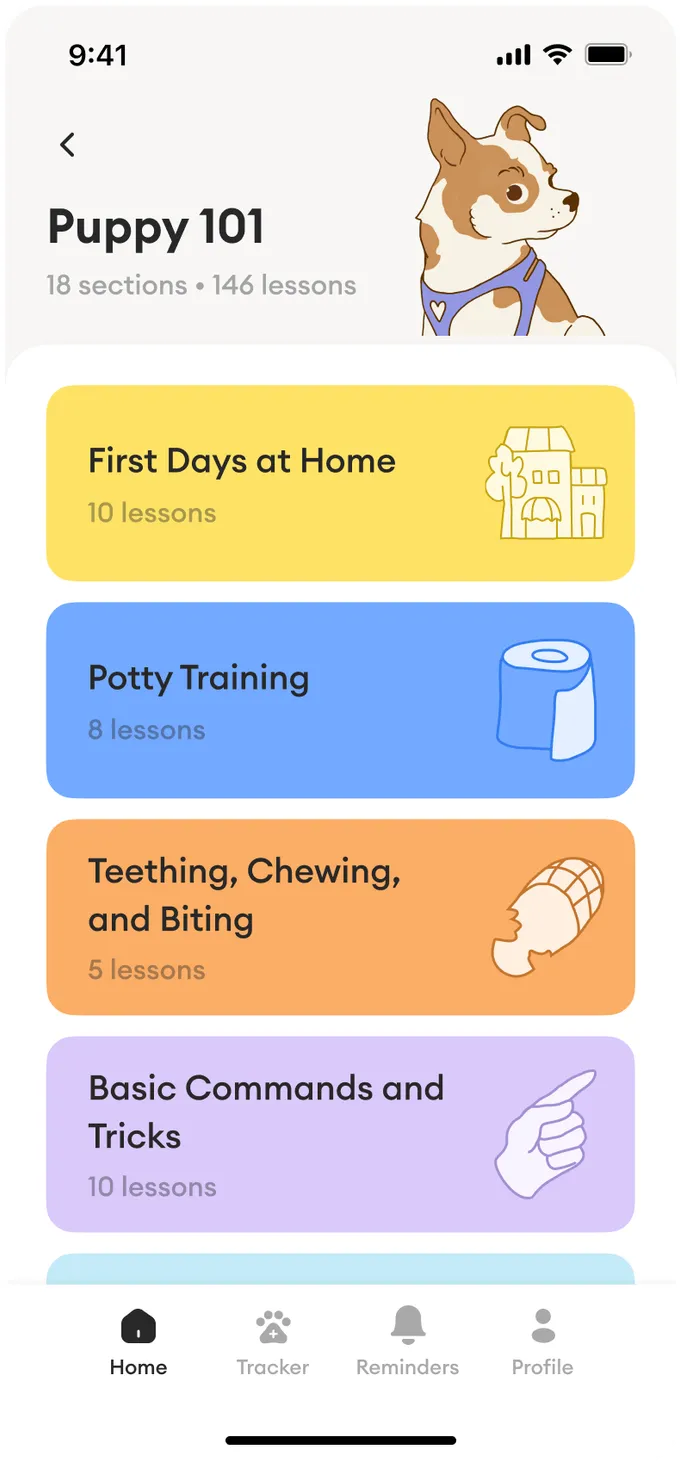 Screenshot of the Barksy app's Puppy 101 course screen, showing lessons on first days, potty training, teething, and basic commands.