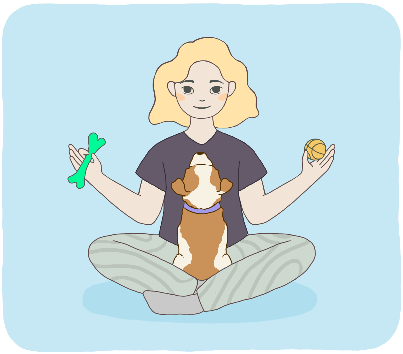 Girl meditating with a puppy during puppy blues