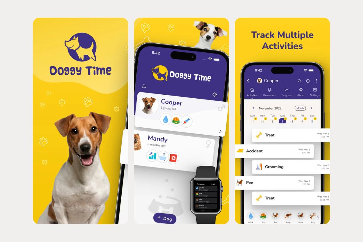 Screenshots of the Doggy Time app displaying pet profiles, activity tracking, and reminders for dog activities.