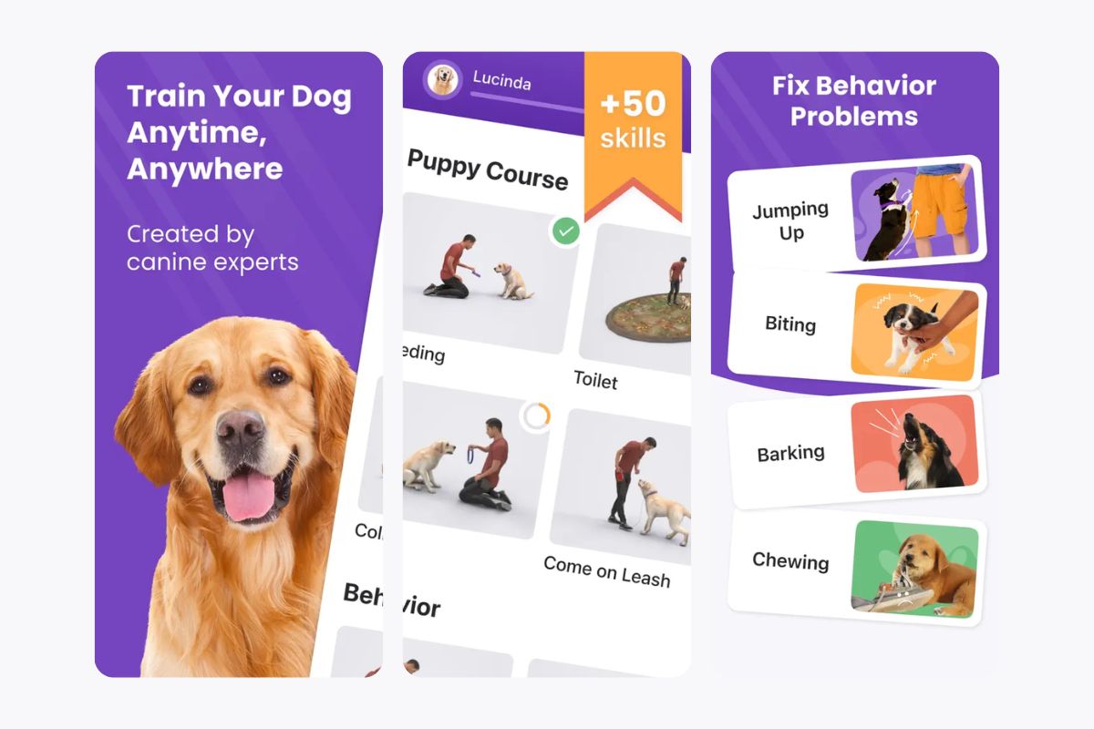 Screenshots of the GoDog app showing puppy training courses, behavior fixes, and dog training skills.