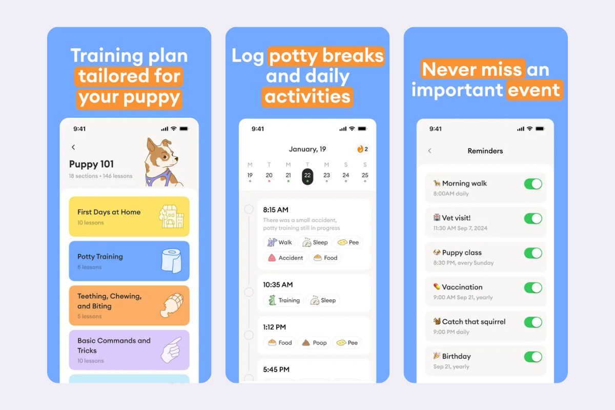 Screenshots of the Barksy app showcasing a training plan, activity logs, and reminders for puppy care.