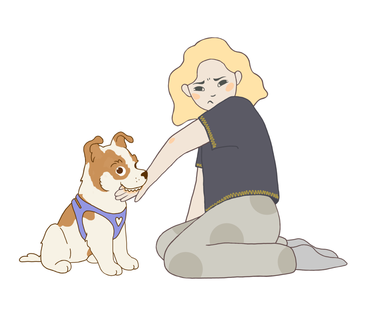Illustration of a woman training her puppy to stop biting her hand.