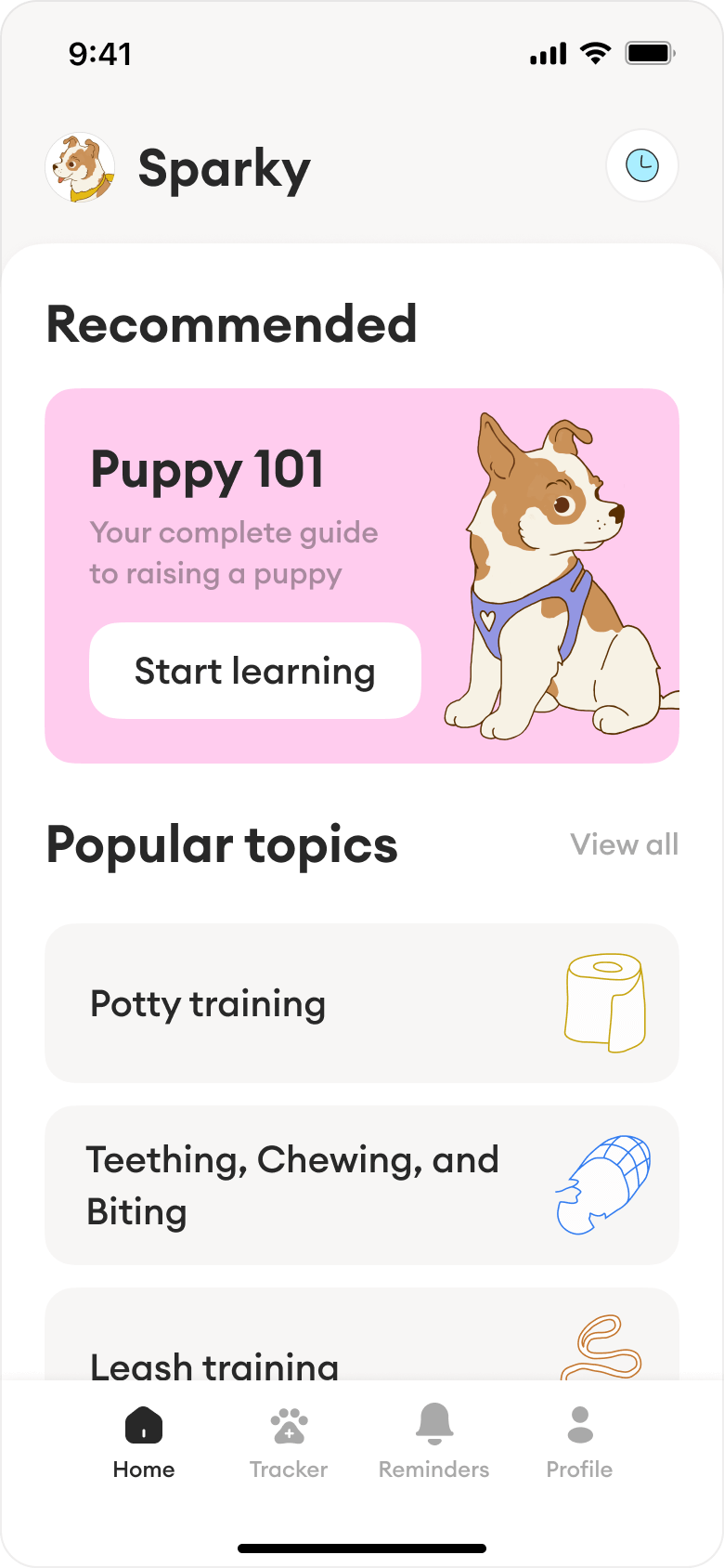 Screenshot of the Barksy app home screen showing recommended content titled 'Puppy 101' and popular topics like potty training, teething, and leash training.