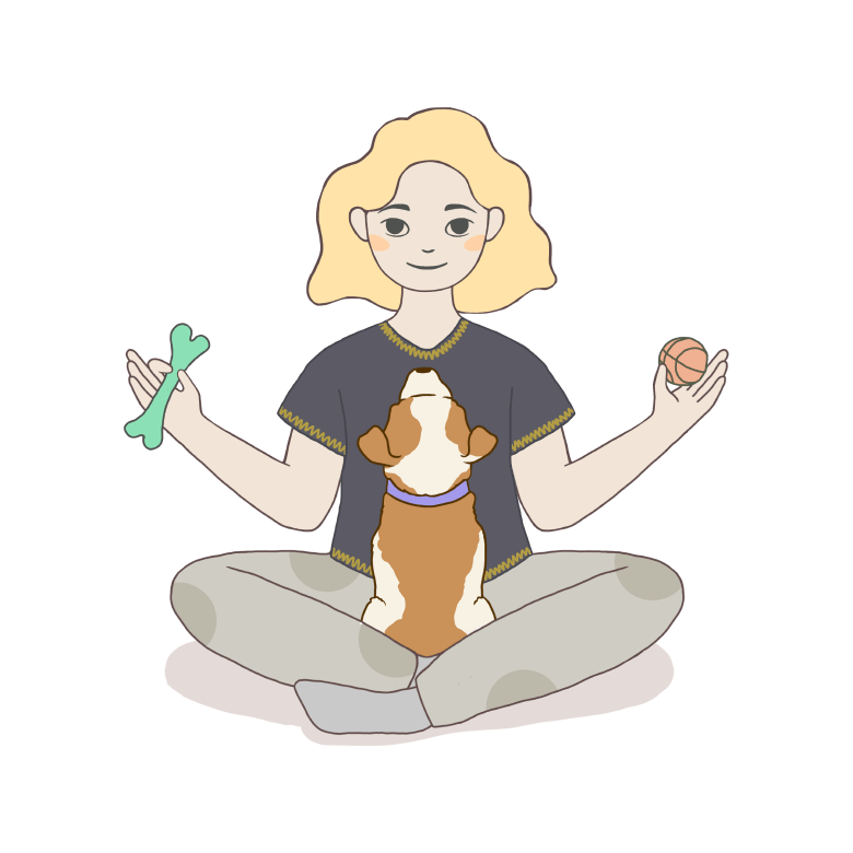 Illustration of a girl meditating with her puppy, holding a bone and a ball.