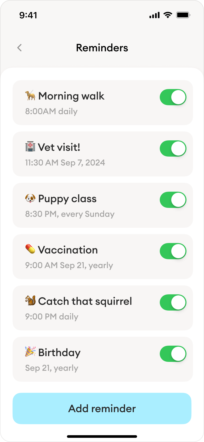 Screenshot of the Barksy app's Reminders screen, showing customizable reminders for potty breaks, walks, vet visits, and other puppy care tasks.