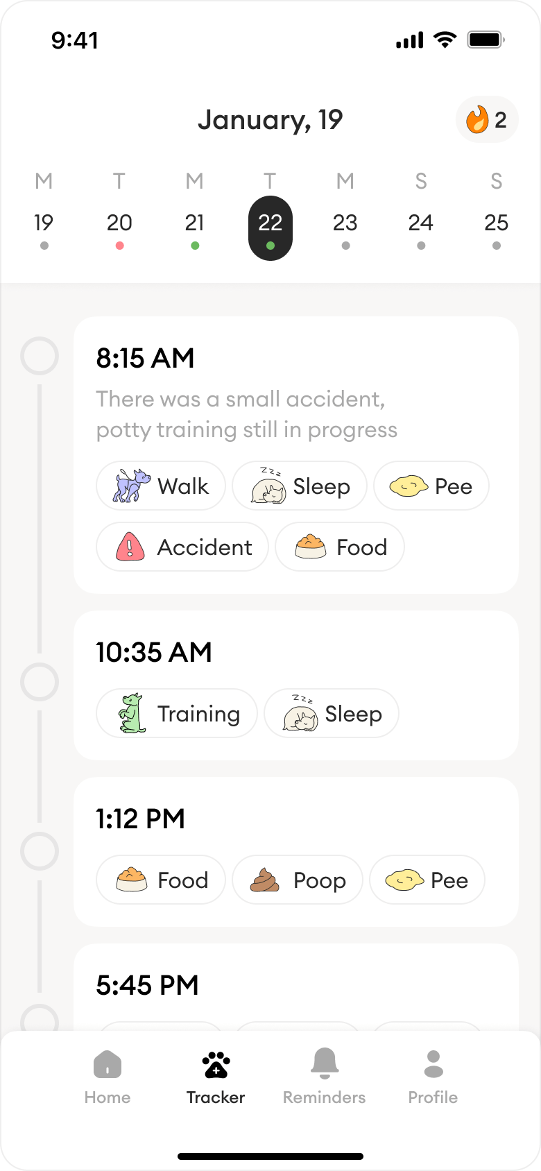 Screenshot of the Barksy app's Tracker screen, displaying a puppy's daily schedule with potty, feeding, and activity events.