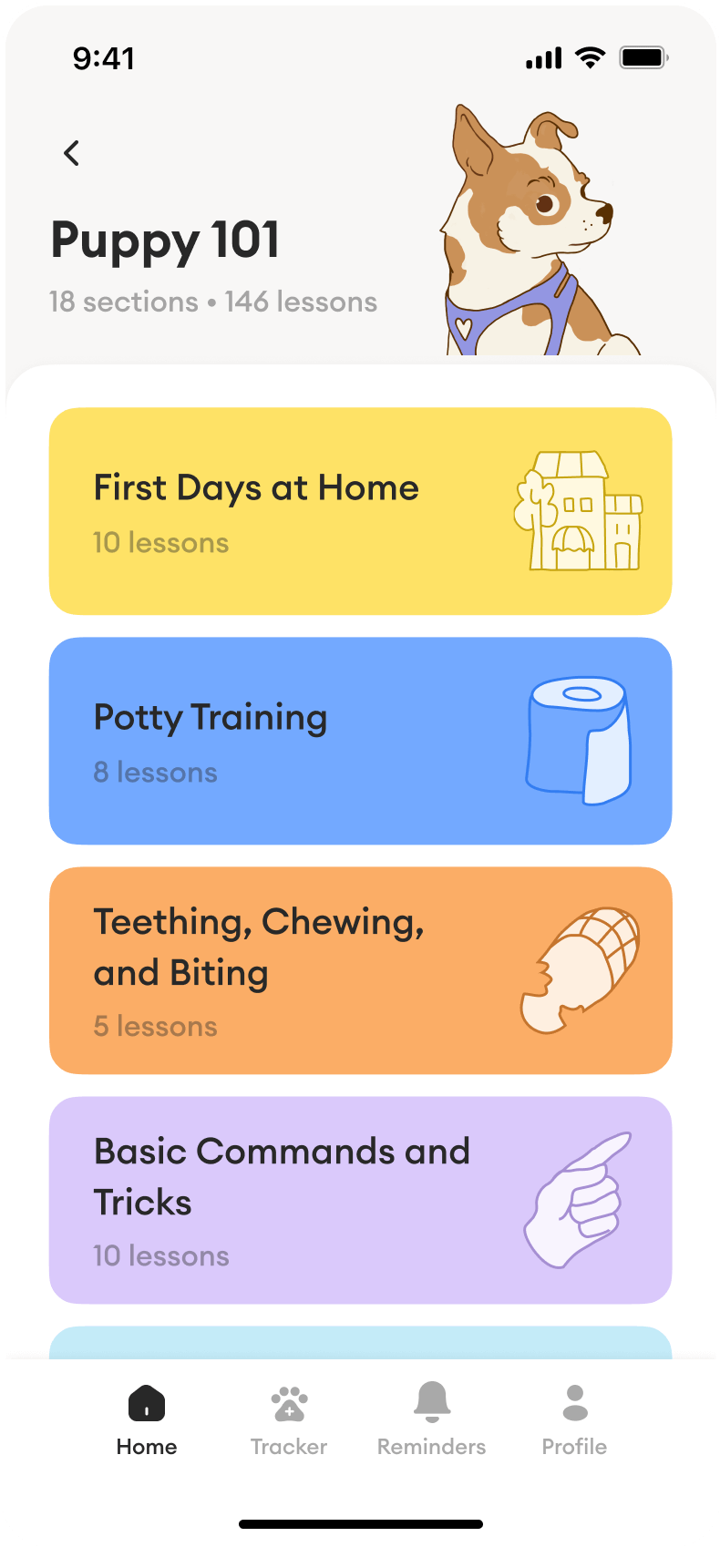 Screenshot of the Barksy app's Puppy 101 course screen, showing lessons on first days, potty training, teething, and basic commands.